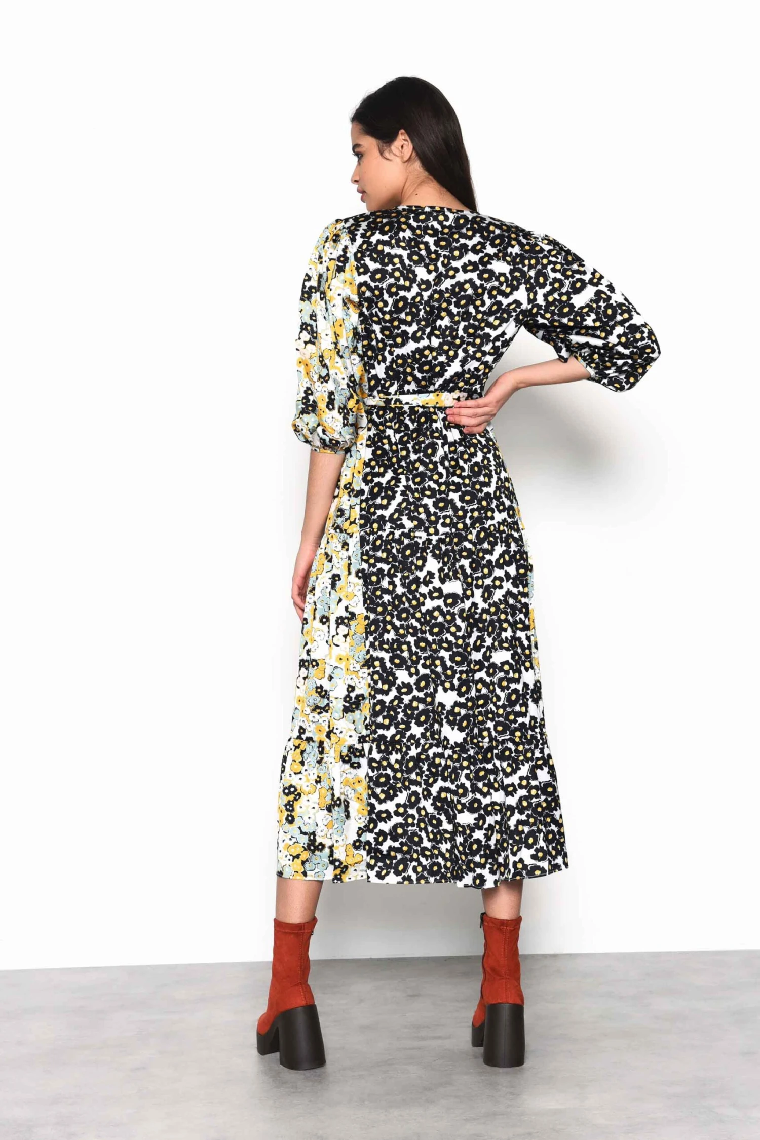 Glamorous Mono Mustard Floral Wrap Front Tiered Midaxi Dress - Image 2