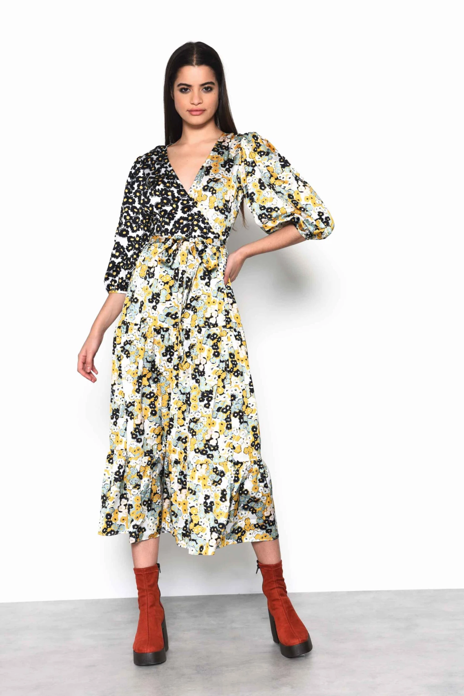 Glamorous Mono Mustard Floral Wrap Front Tiered Midaxi Dress - Image 3