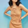 Glamorous Care Tan Tie Front Ribbed Mini Dress
