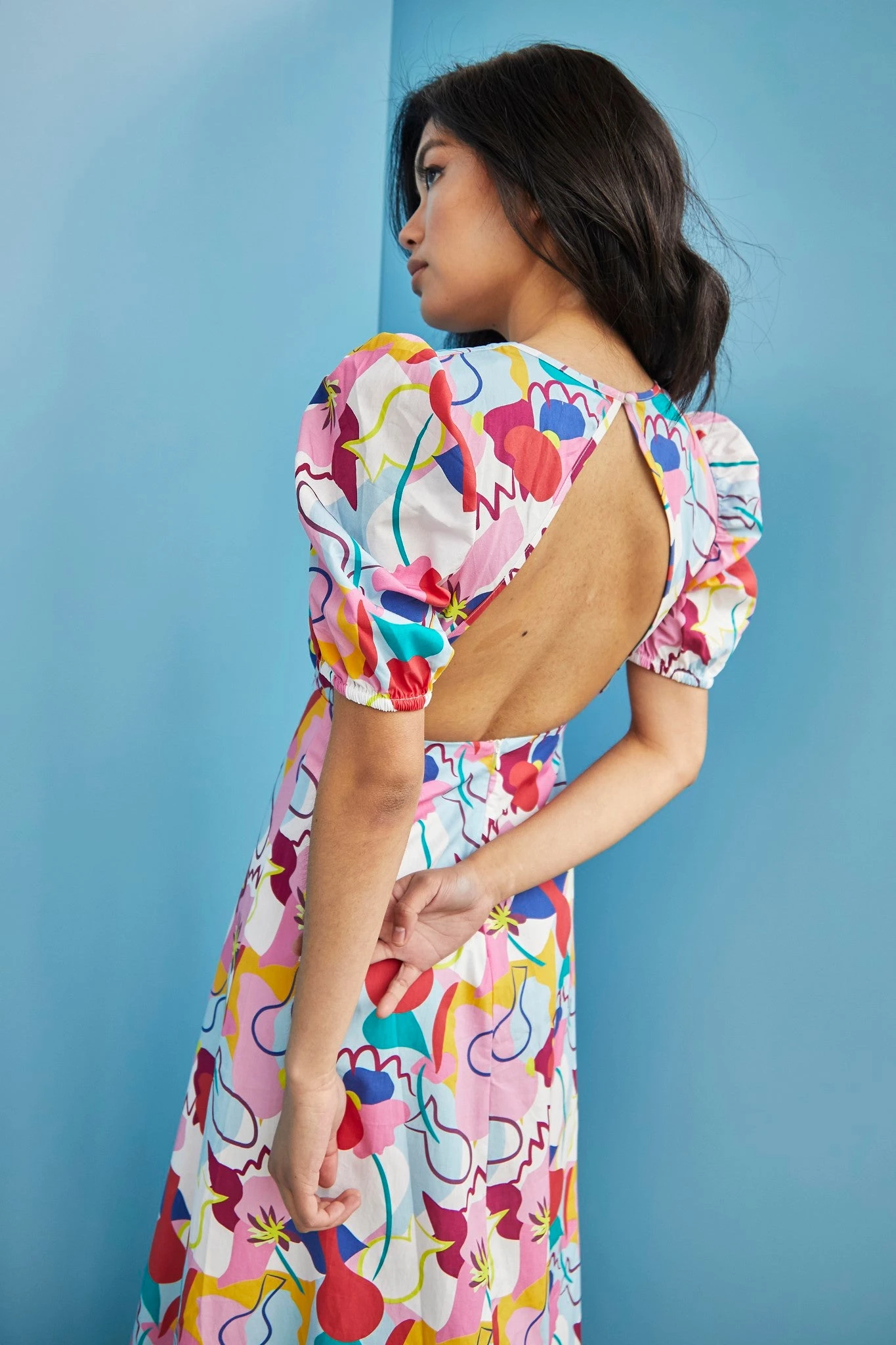 Glamorous Care Abstract Rainbow Print V- Neck Puff Shoulder Midi Dress - Image 4