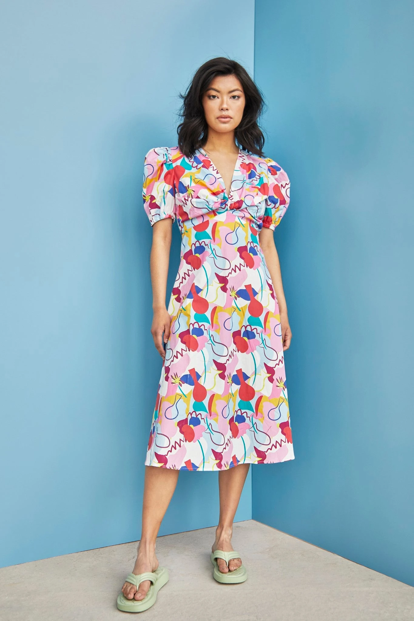 Glamorous Care Abstract Rainbow Print V- Neck Puff Shoulder Midi Dress - Image 3