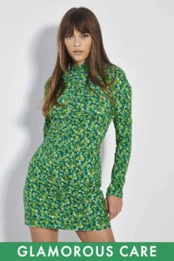 Glamorous Care Lime Blue Floral Ruched Front Mini Dress