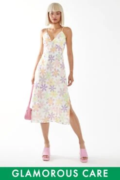 Glamorous Pastel 60s Floral Side-Split Cami Style Midi-dress