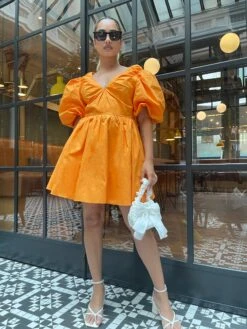 Glamorous Bright-Orange Puff-Sleeve Skater Mini-Dress