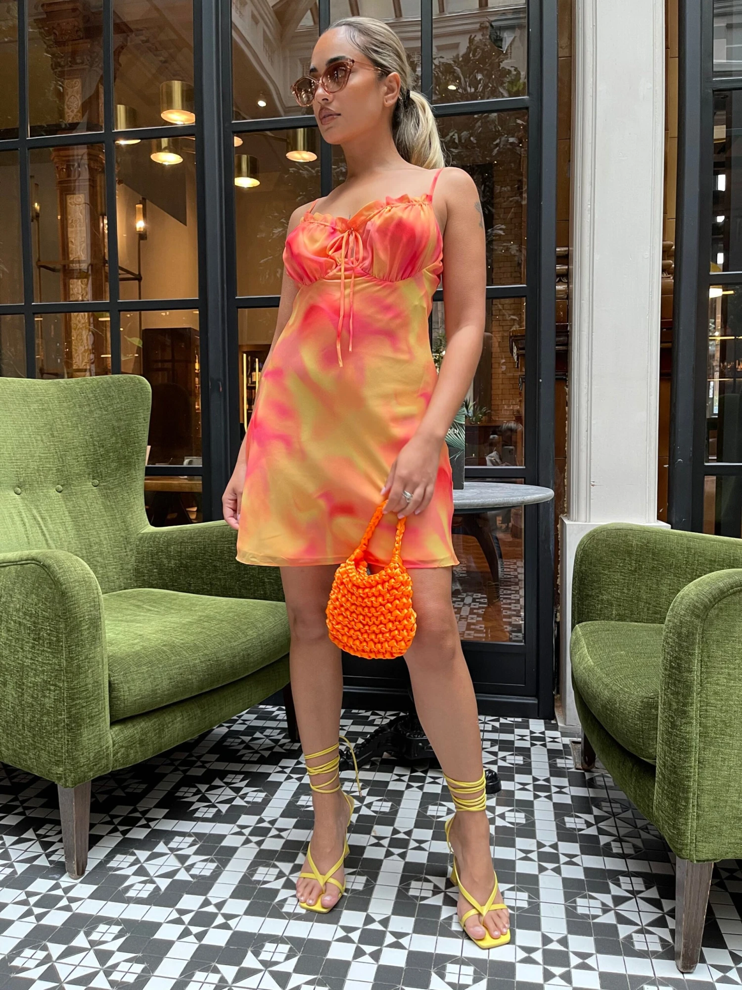 Glamorous Orange-Yellow Tie-Dye Gathered Bust-Cup Mini-Dress