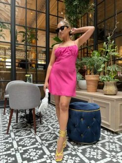 Glamorous Bright-Pink Gathered-Bust Mini-Dress