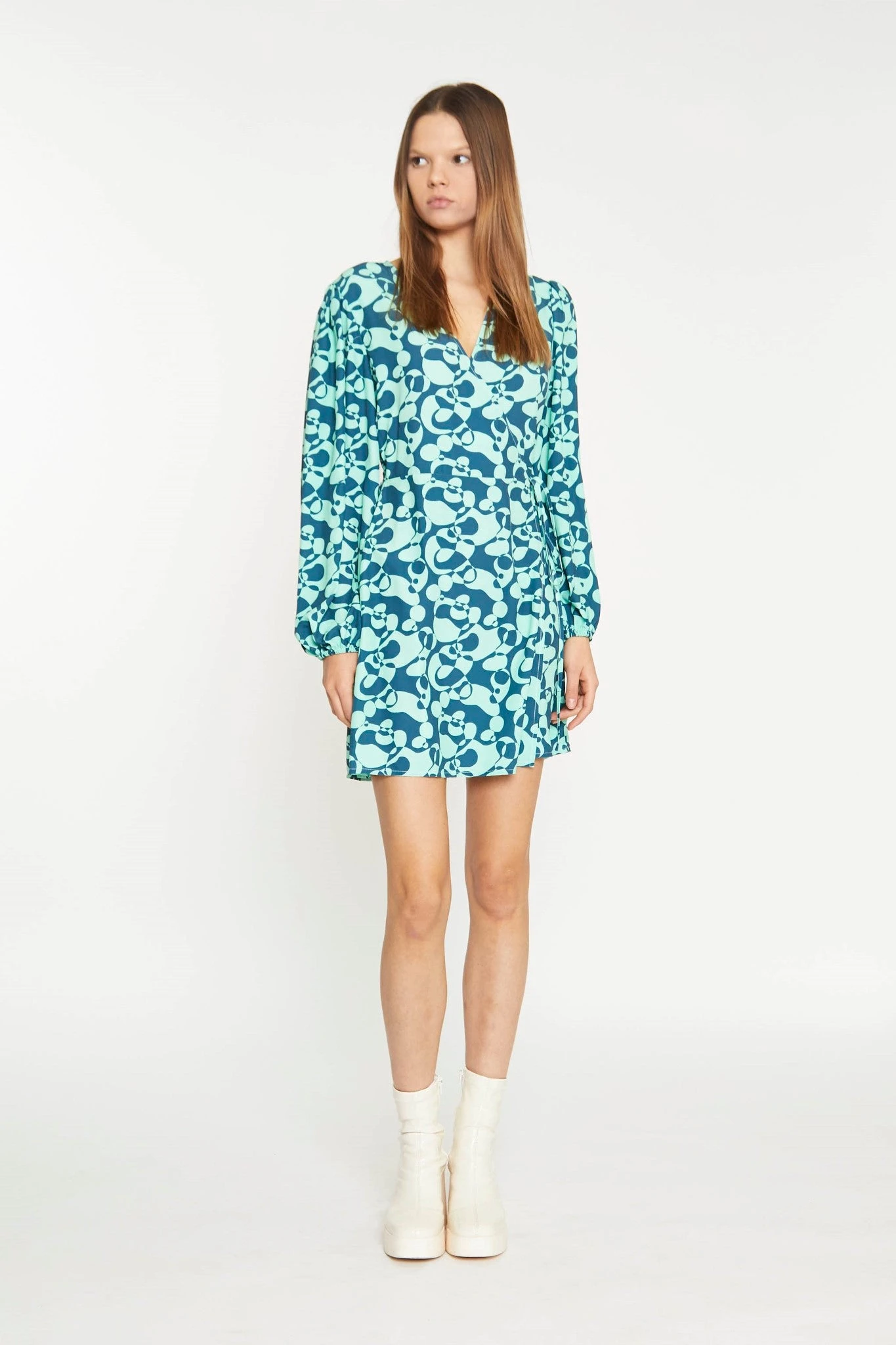 Glamorous Green Abstract-Bubble V-Neck Wrap Mini Dress