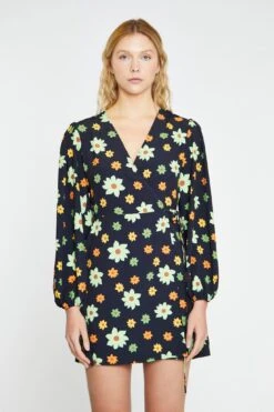 Glamorous Black-Green Flower V-Neck Wrap Mini-Dress