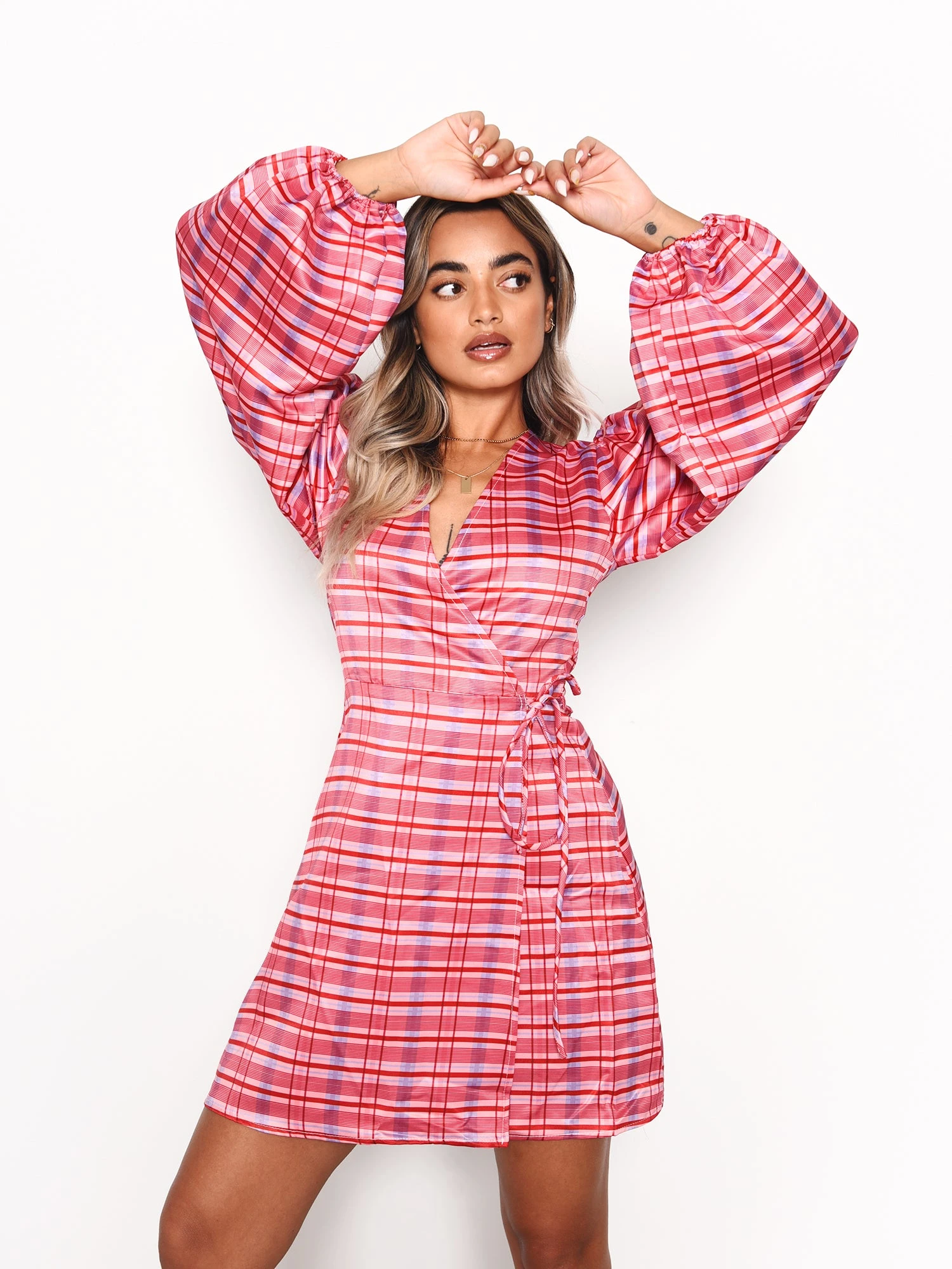 Glamorous Red Pink Check Wrap Front Mini Dress