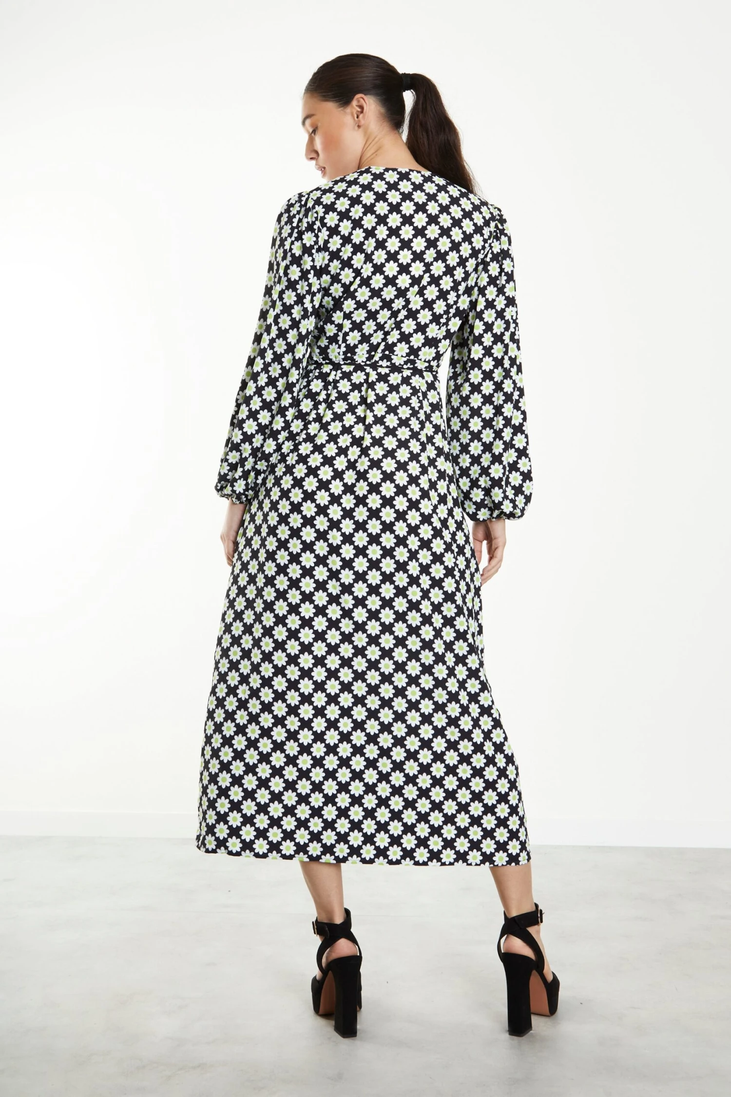 Glamorous Sixties Flower Long Sleeve Wrap Midi Dress - Image 2