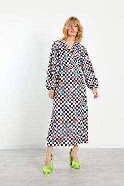 Glamorous Checkboard Flower Long Sleeve Wrap Midi Dress