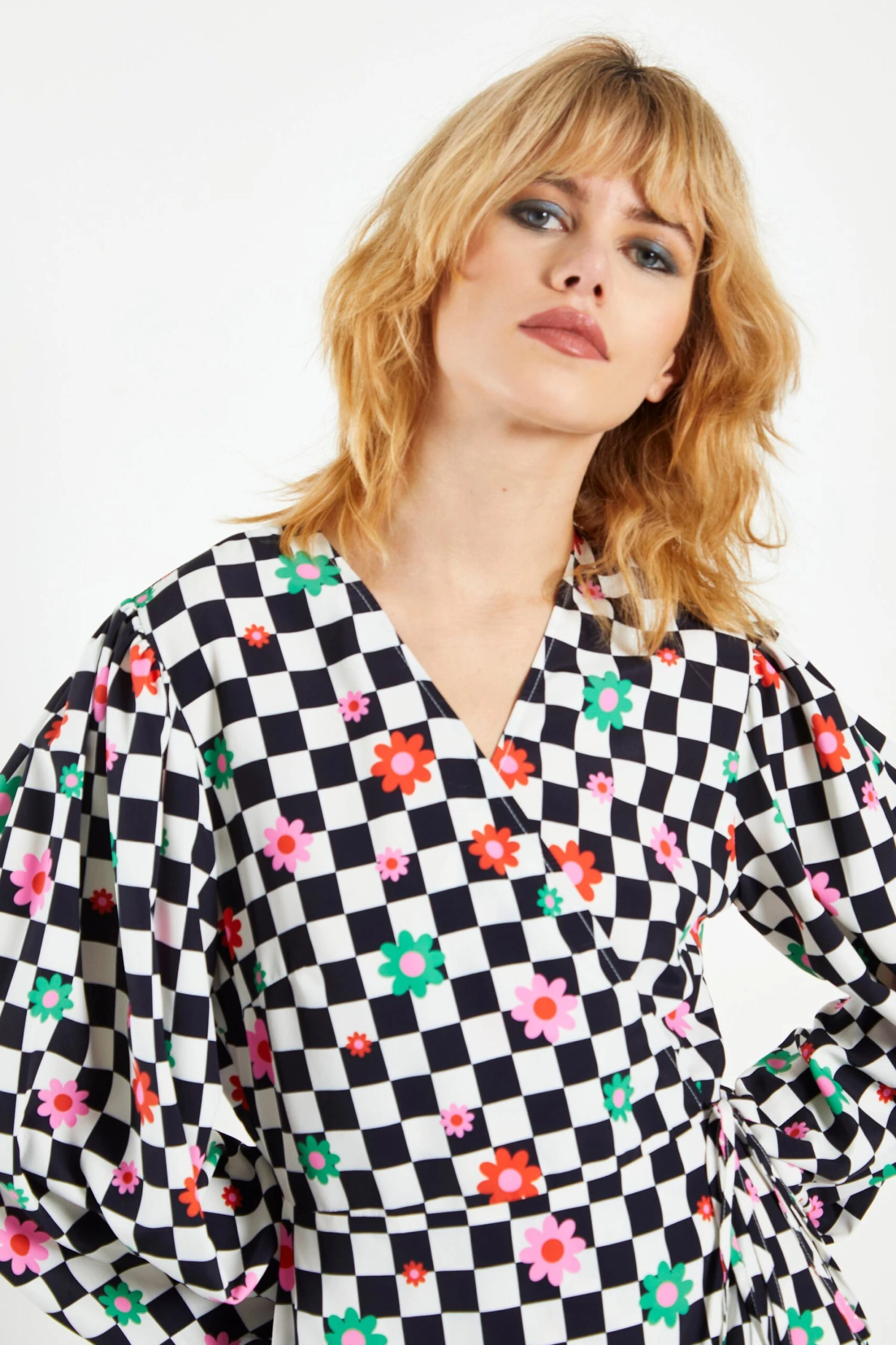 Glamorous Checkboard Flower Long Sleeve Wrap Midi Dress - Image 4