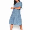 Glamorous Blue Multi Check Tiered Midi Dress With Puff Sleeves And Tie Back Detail