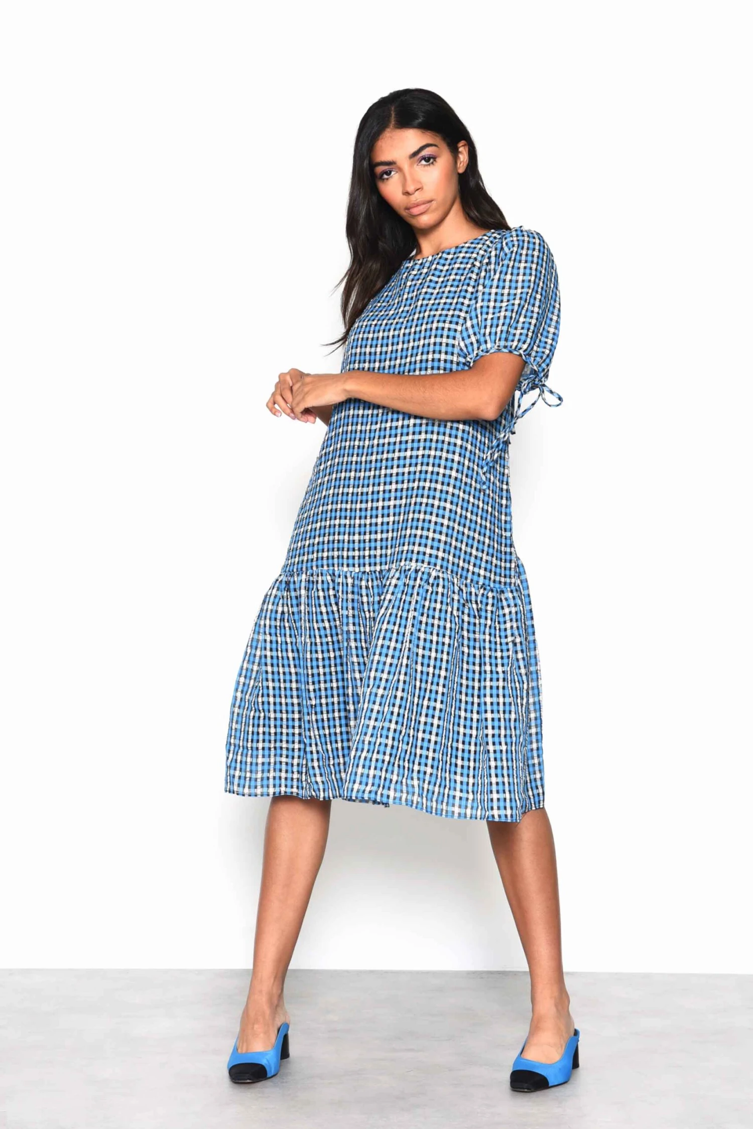 Glamorous Blue Multi Check Tiered Midi Dress With Puff Sleeves And Tie Back Detail