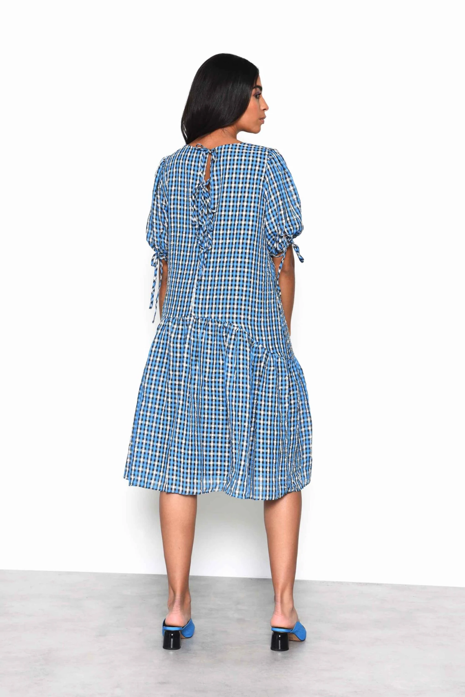 Glamorous Blue Multi Check Tiered Midi Dress With Puff Sleeves And Tie Back Detail - Image 2
