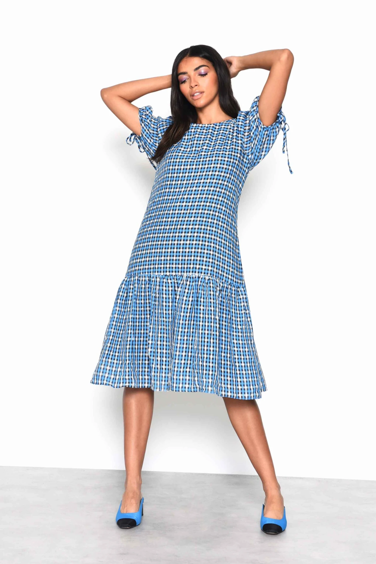 Glamorous Blue Multi Check Tiered Midi Dress With Puff Sleeves And Tie Back Detail - Image 3