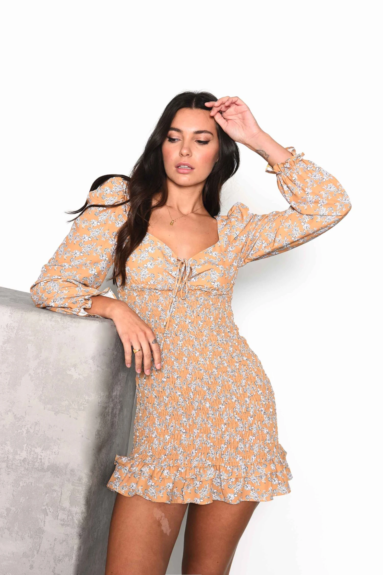 Glamorous Ochre Floral Smocked Mini Dress With Full Length Puff Sleeves And Frill Hem - Image 3
