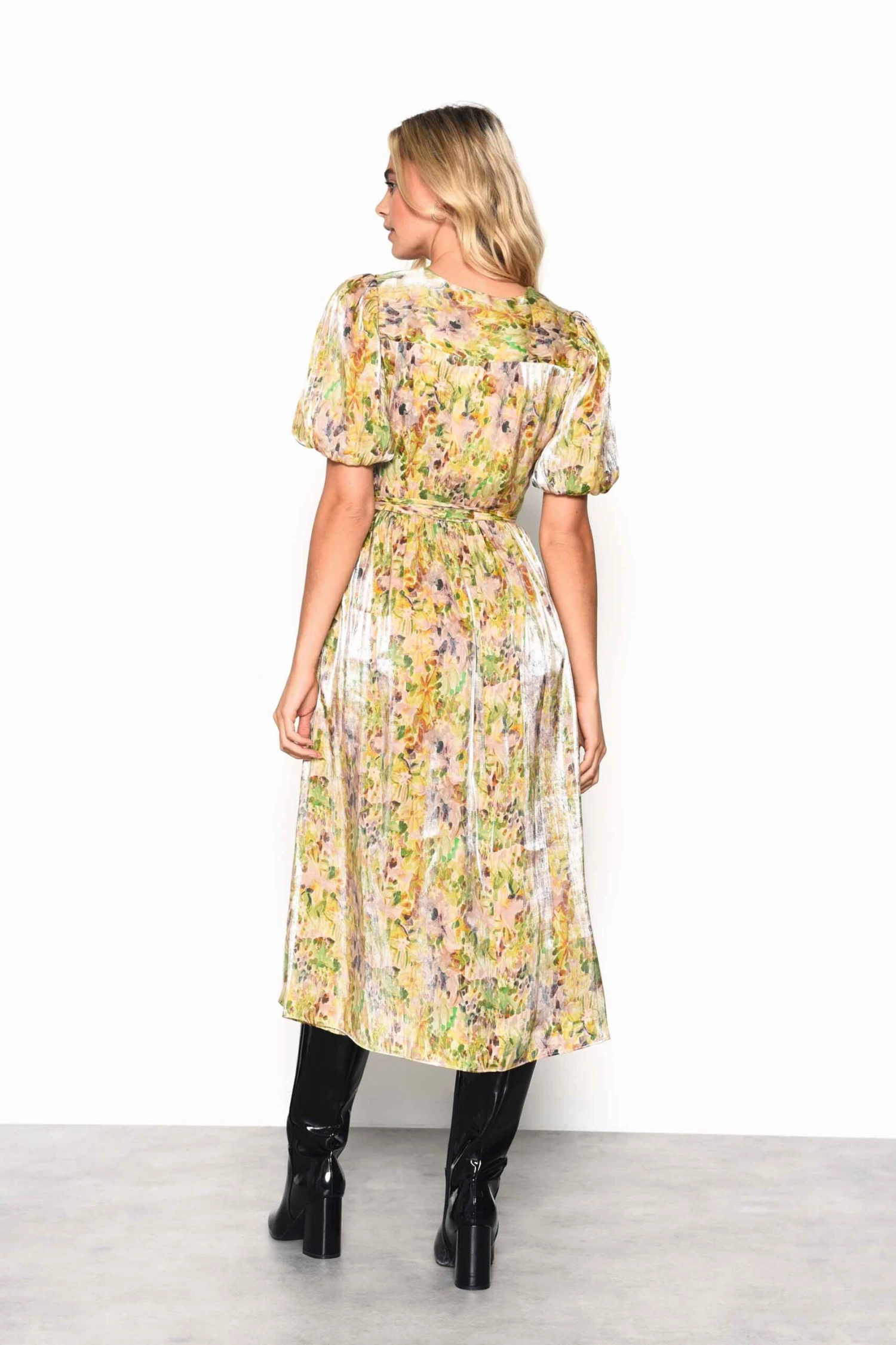 Glamorous Smudgy Floral Belted Midi Dress With Statement Collar And Sleeves - Image 2