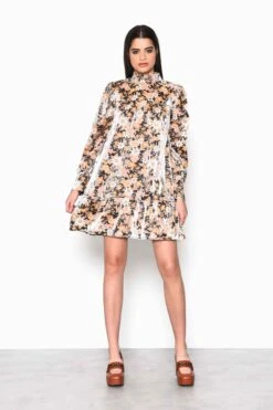 Glamorous Black Gold Multi Floral High Neck Mini Dress With Gathered Tiers And Sleeves