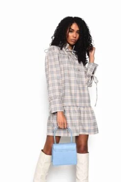 Glamorous Light Blue Multi Check Tiered Mini Dress With Neck Ruffle