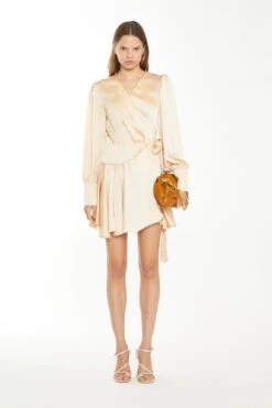 Glamorous Peach Champagne Satin Wrap Mini-Dress