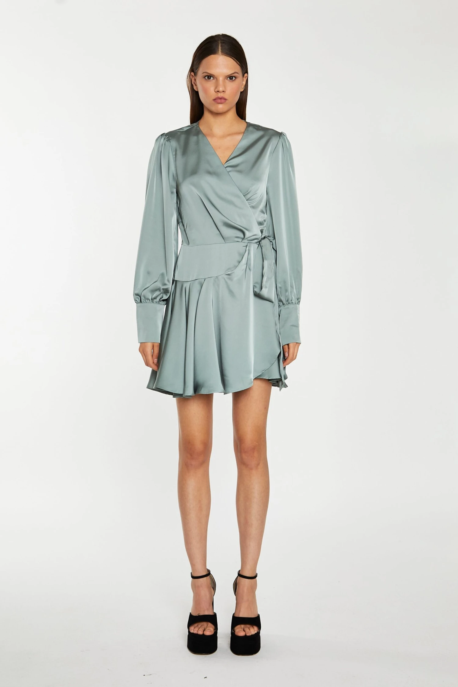 Glamorous Dusty-Green Satin Wrap Mini-Dress