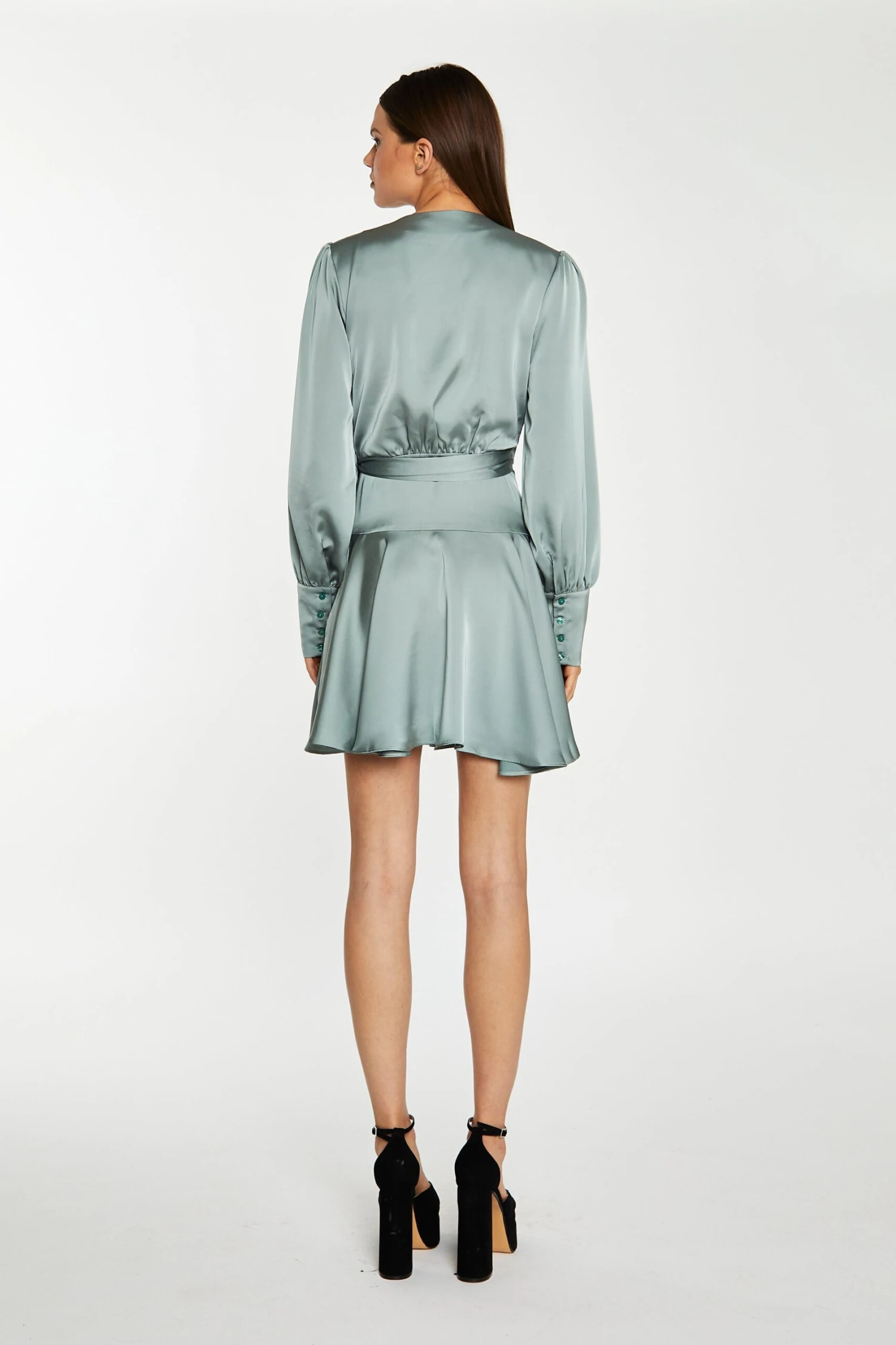 Glamorous Dusty-Green Satin Wrap Mini-Dress - Image 2