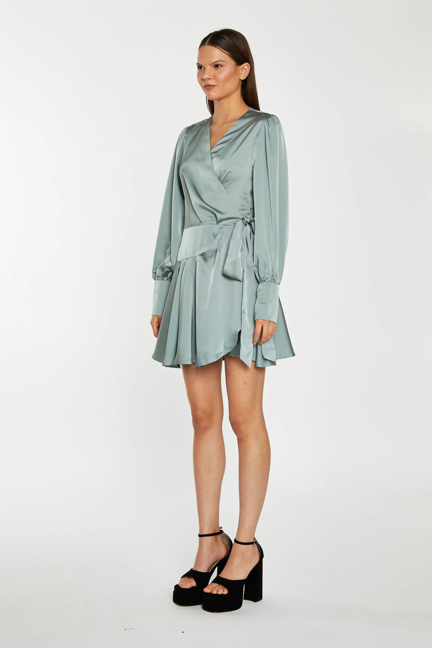 Glamorous Dusty-Green Satin Wrap Mini-Dress - Image 3