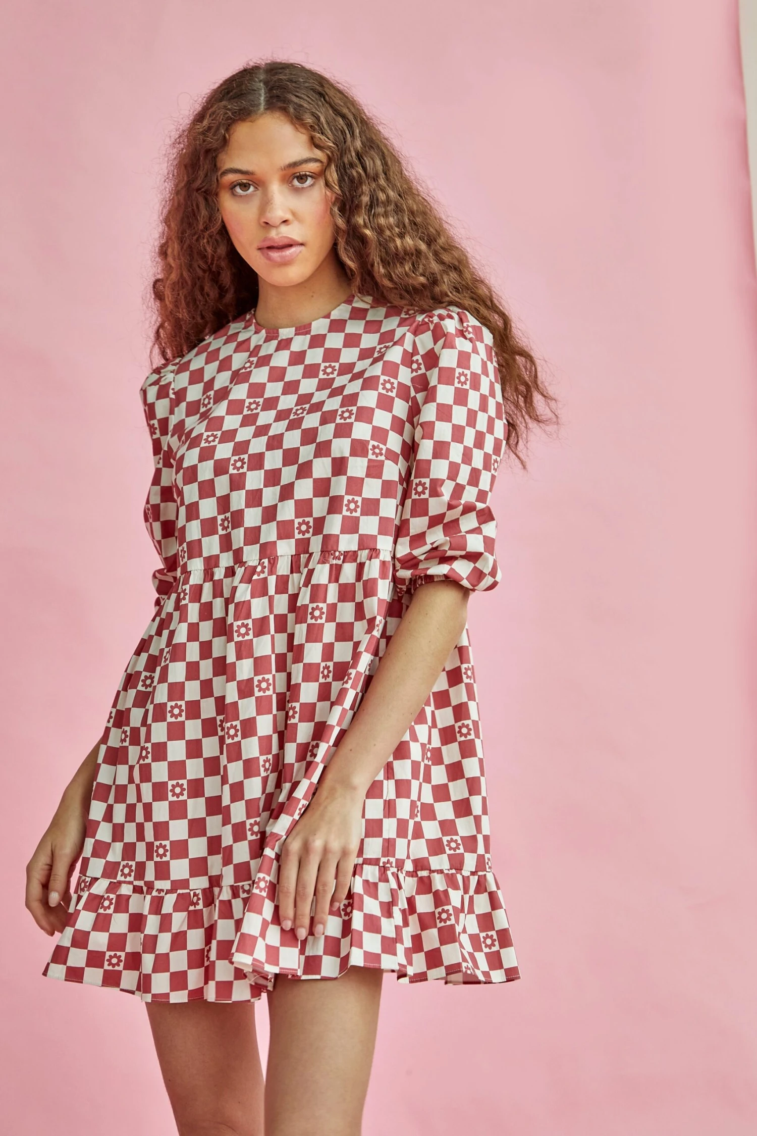 Glamorous Rose Checkerboard Flower Crew Neck Mini Dress - Image 2