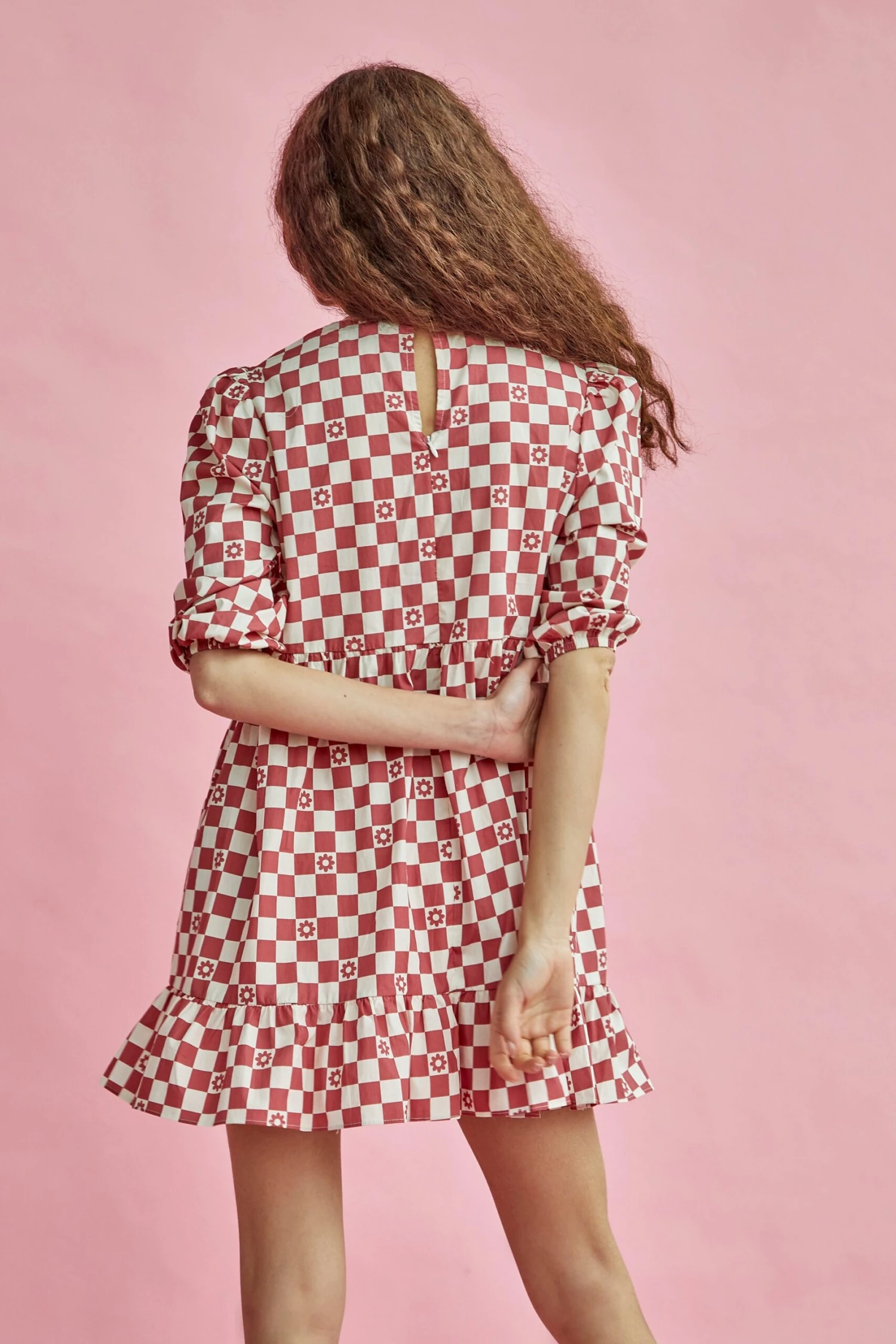 Glamorous Rose Checkerboard Flower Crew Neck Mini Dress - Image 3