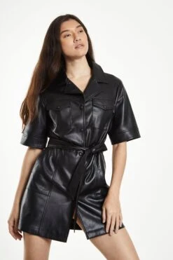 Glamorous Black Pu Shirt Dress With Tie Belt