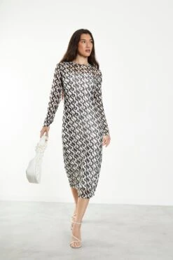 Glamorous Wavy Mono Mesh Midi Dress With Long Sleeves & Cami Slip