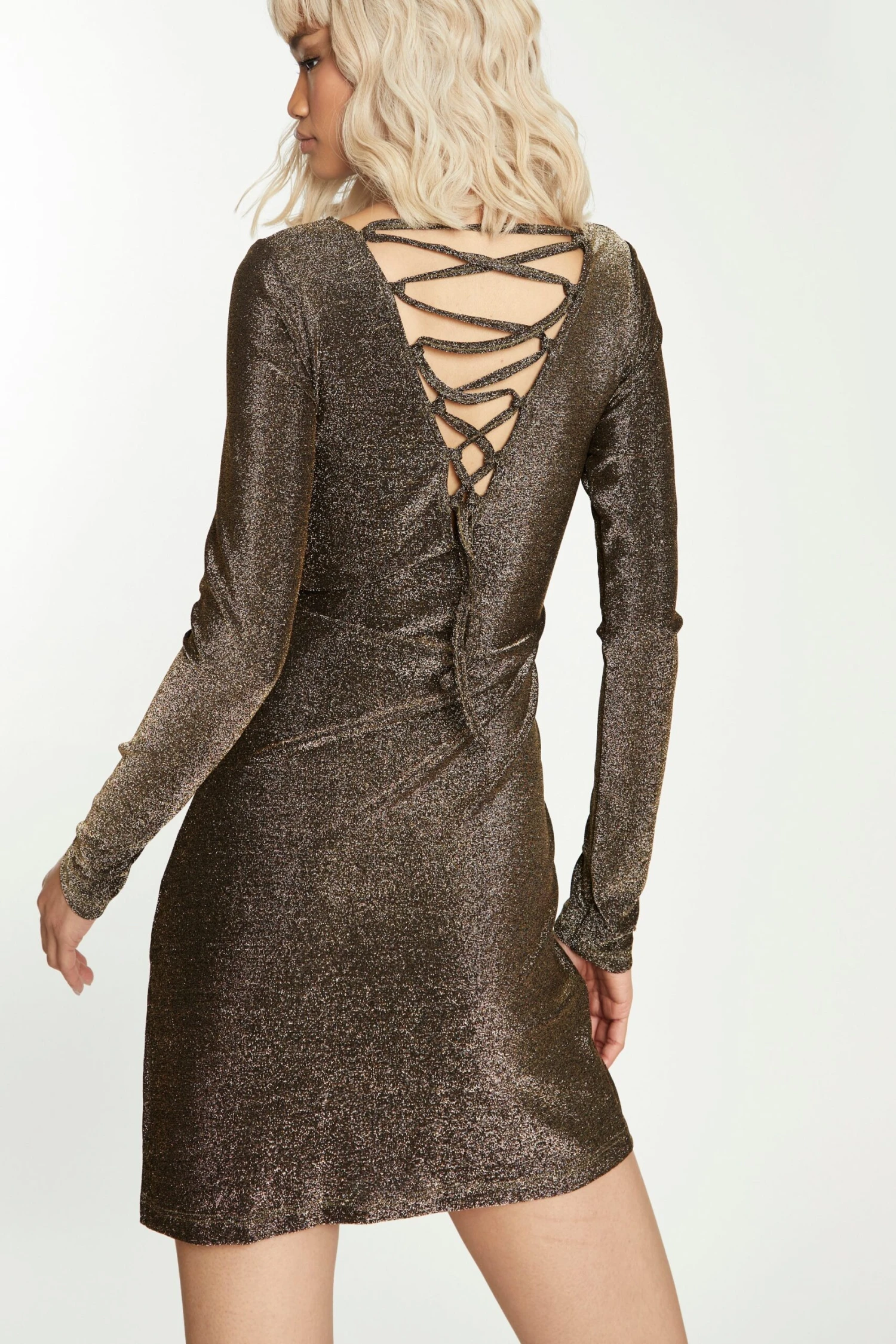 Glamorous Dark Gold Glitter Mini Dress With Lace Up Back - Image 3