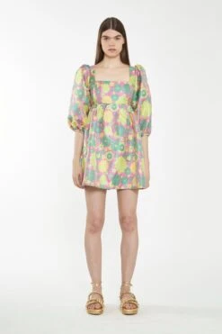 Glamorous Pink-60s-Flower-Jacquard Babydoll Mini Dress