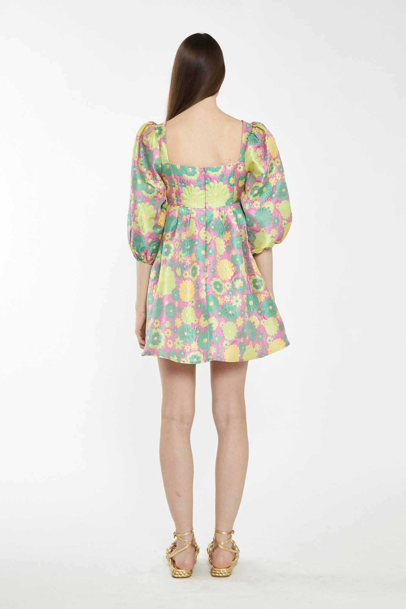 Glamorous Pink-60s-Flower-Jacquard Babydoll Mini Dress - Image 2