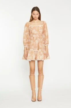 Glamorous Tan White Floral Tiered Mini-Dress