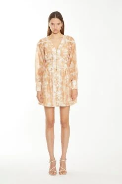 Glamorous Tan White Floral Button-Through Mini-Dress
