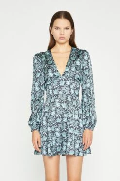 Glamorous Black-Mint Paisley Satin Long Sleeve Tea Mini-Dress