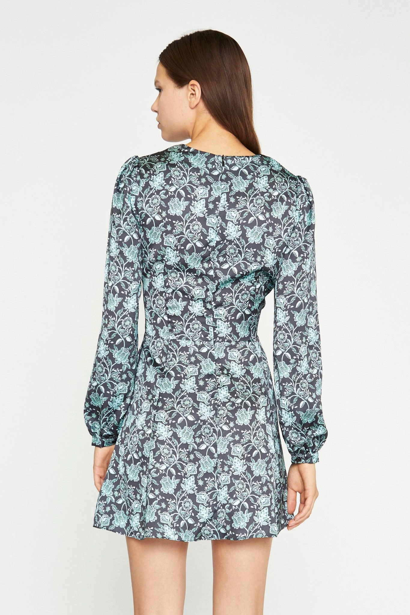 Glamorous Black-Mint Paisley Satin Long Sleeve Tea Mini-Dress - Image 2