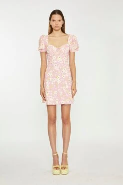 Glamorous Pink-Olive-Yellow-Flower Puff Sleeve Mini Dress