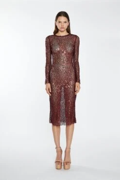Glamorous Cabernet Mesh-Sequin Long-Sleeve Midi-Dress