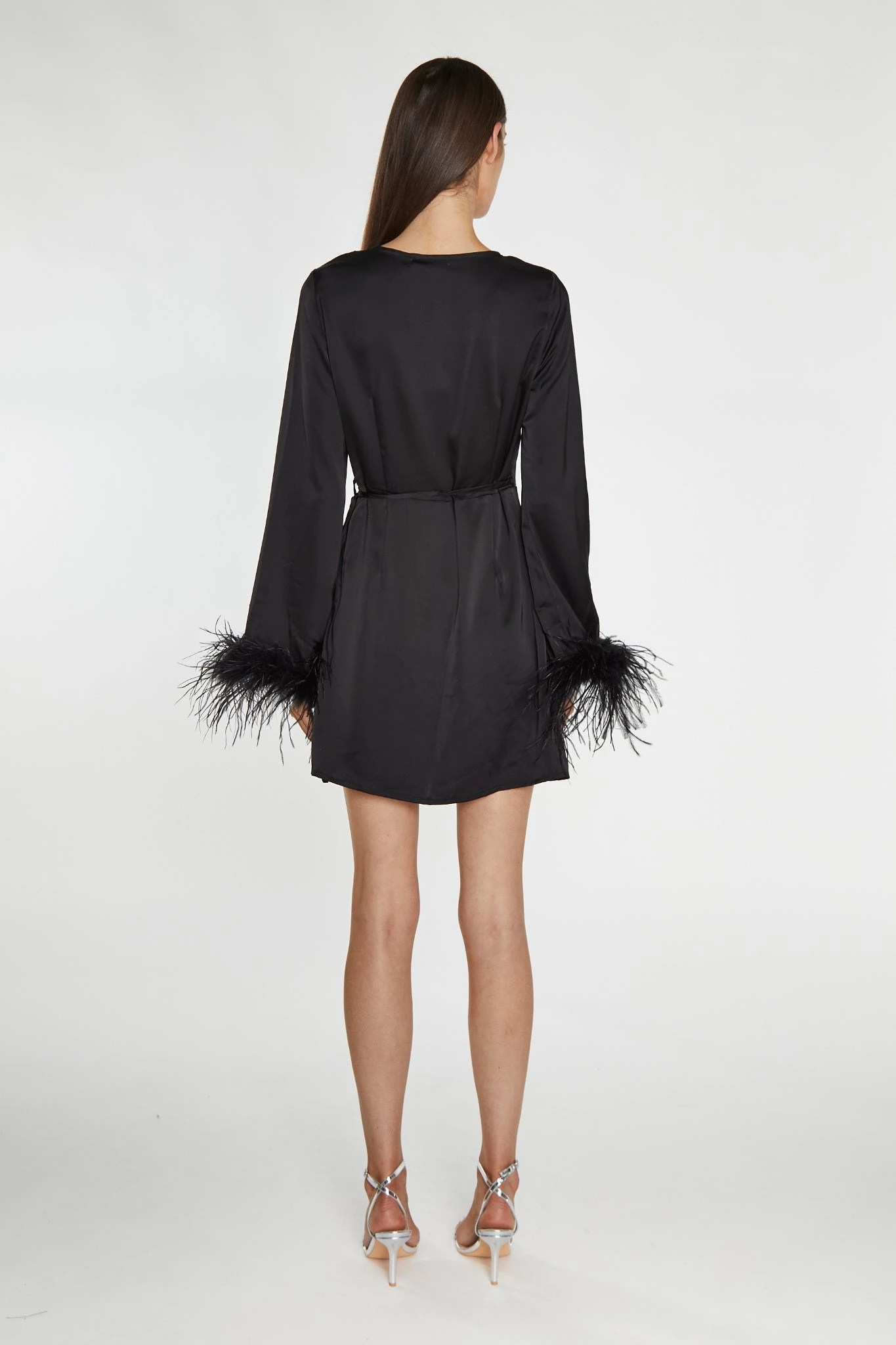 Glamorous Black-Satin Feather Trim Wrap Mini-Dress - Image 3