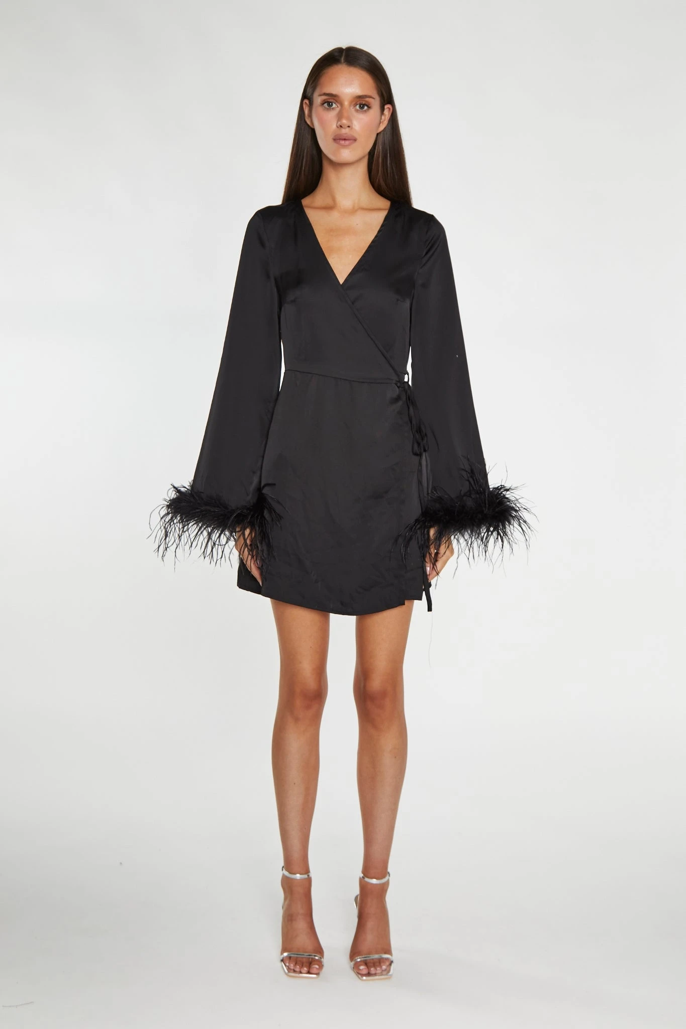 Glamorous Black-Satin Feather Trim Wrap Mini-Dress