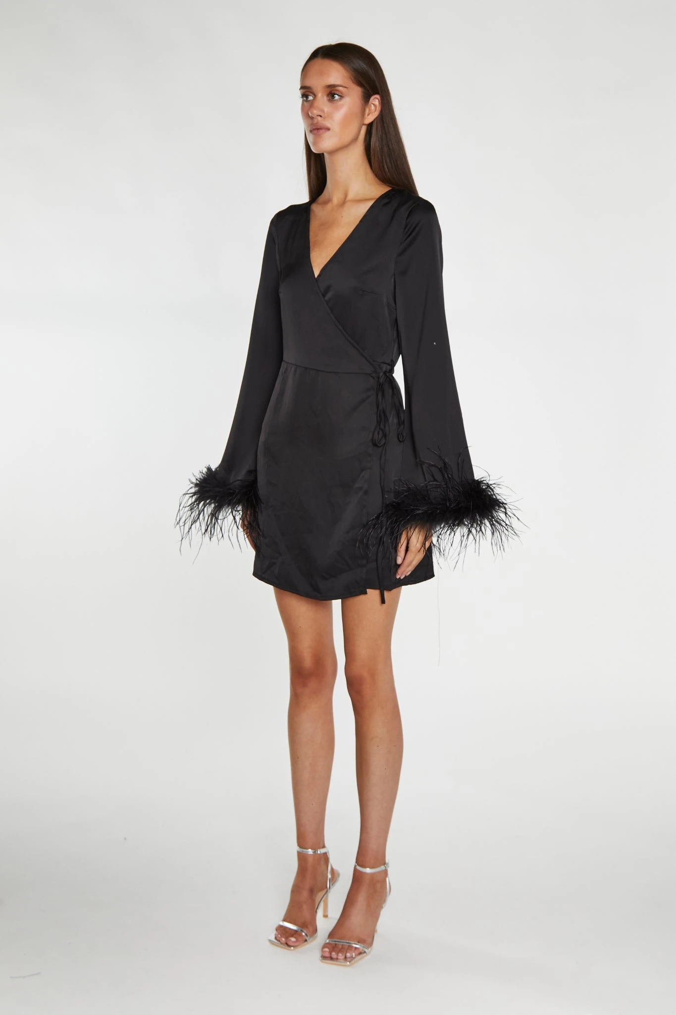 Glamorous Black-Satin Feather Trim Wrap Mini-Dress - Image 4