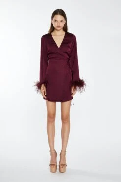 Glamorous Deep-Burgundy Satin Feather Trim Wrap Mini-Dress