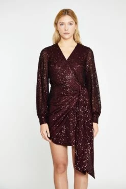 Glamorous Port-Red Sequin Wrap-Front Mini-Dress
