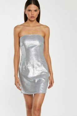 Glamorous Matt-Silver Sequin Strapless Mini-Dress