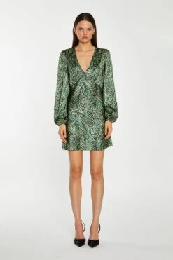 Glamorous Green-Black Animal V-Neck Puff-Sleeve Mini-Dress