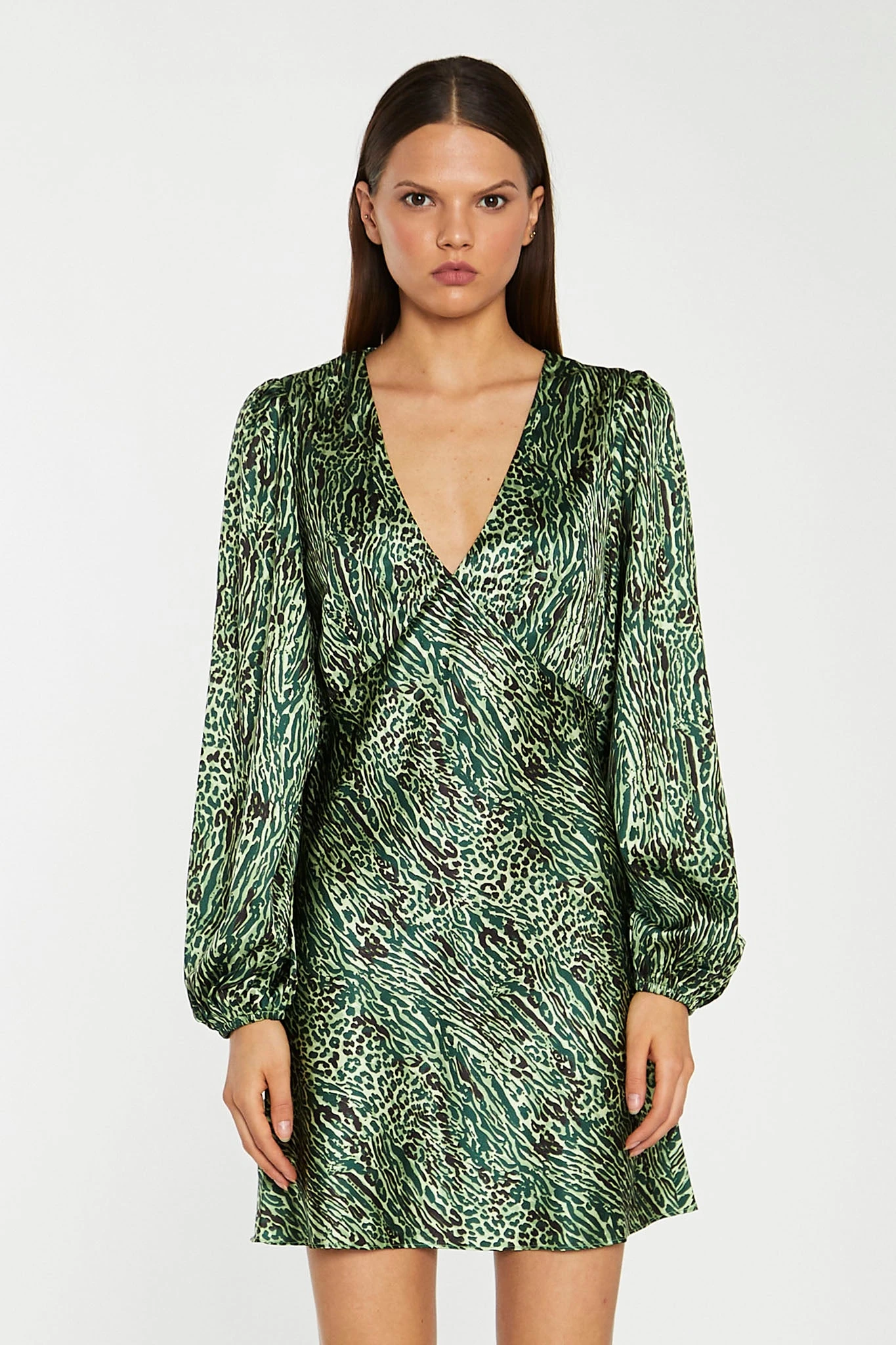 Glamorous Green-Black Animal V-Neck Puff-Sleeve Mini-Dress - Image 4