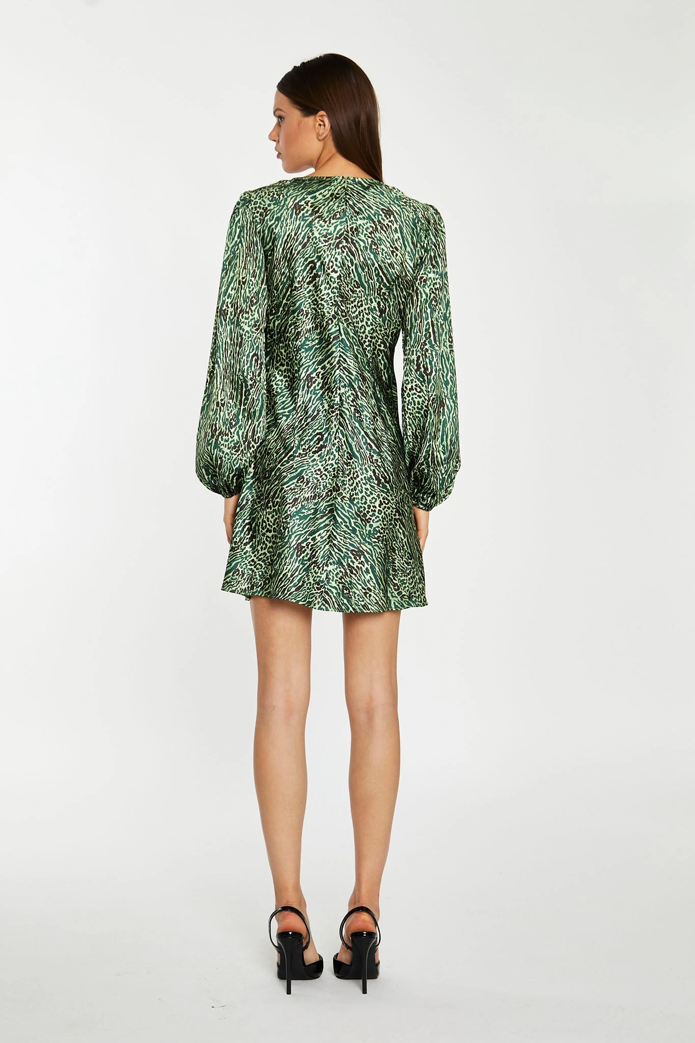 Glamorous Green-Black Animal V-Neck Puff-Sleeve Mini-Dress - Image 2